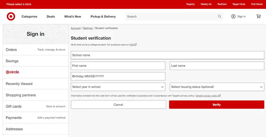 Target student verification